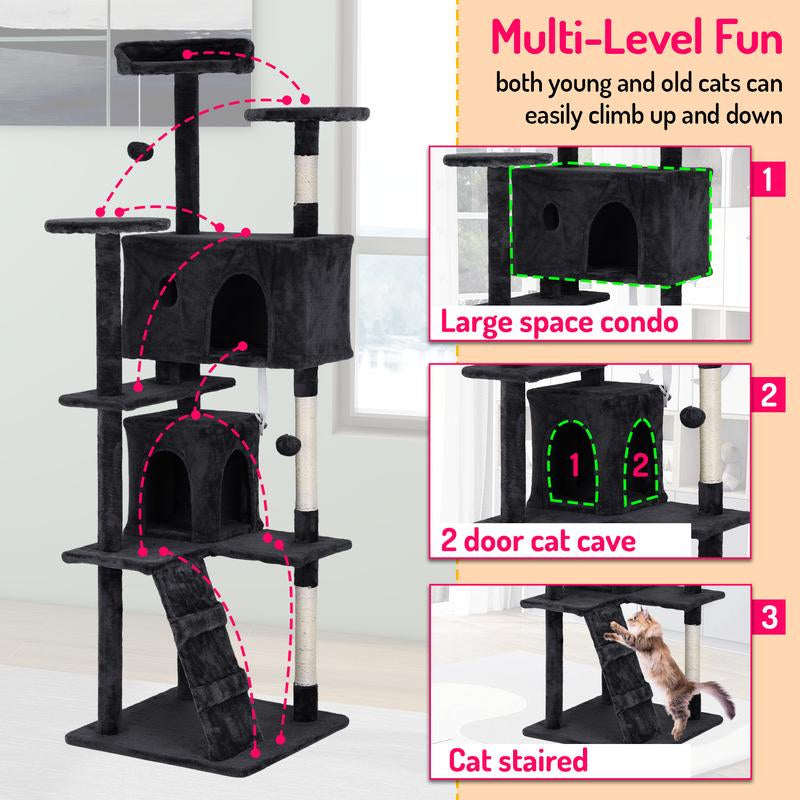 Bestoffice 54/70In Cat Tree Tower Multi-Level Durable Sisal Scratching Post Cozy Fun Jumping Platform Space Saving Condo Play House for Indoor Cats Home