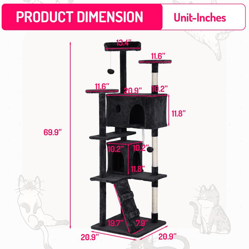 Bestoffice 54/70In Cat Tree Tower Multi-Level Durable Sisal Scratching Post Cozy Fun Jumping Platform Space Saving Condo Play House for Indoor Cats Home